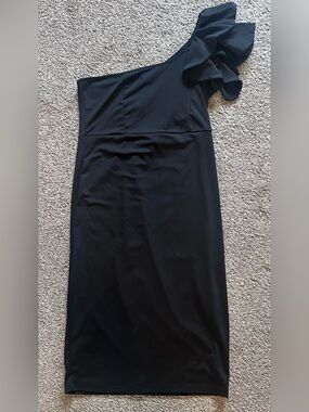 XL One-Shoulder Black Ruffle Midi Cocktail Dress